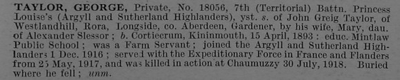 Taylor G Pte 18056 7th Argyll & Sutherland Highlanders Obit De Ruvignys Roll Of Honour Vol 4