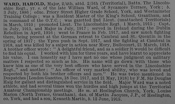 Ward H Major 4th Attd 5th Lincolnshire Regiment Obit De Ruvignys Roll Of Honour Vol 4