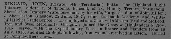 Kincaid J Pte 5019 9th Highland Light Infantry Obit De Ruvignys Roll Of Honour Vol 4
