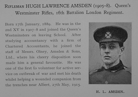 Amsden H L Rfn 16th London Regiment Obit Dulwich College Roll Of Honour