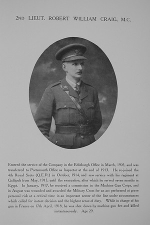 Craig R W 2nd Lt MC Machine Gun Corps Northern Assurance Co Roll Of Service