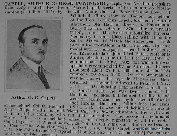 Capell A G C Captain 2nd Northamptonshire Regiment Obituary De Ruvignys Roll Of Honour Vol 1