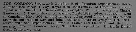 Joy G Sergt 30th Canadian Infantry Obit De Ruvignys Roll Of Honour Vol 4