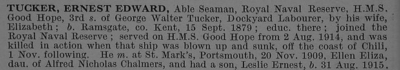 Tucker E E AB 195629 H.M.S. Good Hope Royal Navy Obit De Ruvignys Roll Of Honour Vol 4