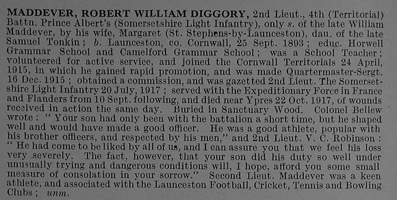 Maddever R W D 2nd Lt 4th Somerset Light Infantry Obit De Ruvignys Roll Of Honour Vol 4