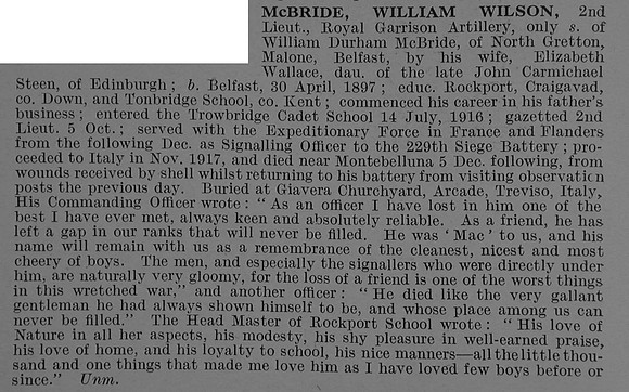 McBride W W 2nd Lt Royal Garrison Artillery Obit De Ruvignys Roll Of Honour Vol 4