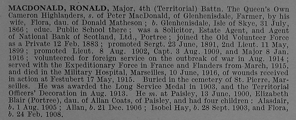 MacDonald R Major 4th Cameron Highlanders Obit De Ruvignys Roll Of Honour Vol 4