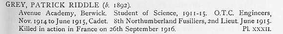 Grey P R 2nd Lt 8th Northumberland Fusiliers Obit