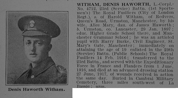 Witham D H L/Cpl 4712 23rd Royal Fusiliers Obit De Ruvignys Roll Of Honour Vol 3