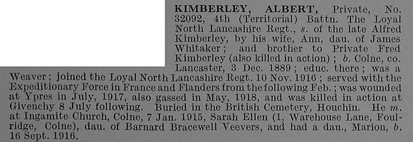 Kimberley A Pte 32092 4th Loyal North Lancs Regiment Obit De Ruvignys Roll Of Honour Vol 4