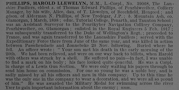 Phillips H L L/Cpl MM 39068 18th Lancashire Fusiliers Obit De Ruvignys Roll Of Honour Vol 4