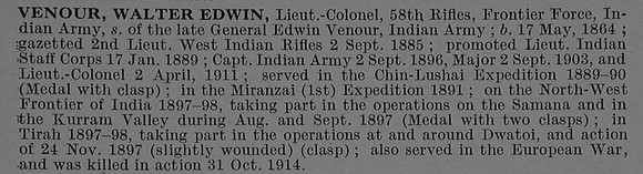 Venour W E Lt Col Indian Army Obit De Ruvignys Roll Of Honour Vol 4