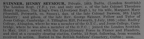 Skinner H S Pte 8042 London Regiment (London Scottish) Obit De Ruvignys Roll Of Honour Vol 4