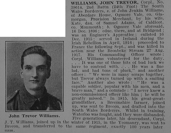 Williams J T Cpl 39614 2nd South Wales Borderers Obit De Ruvignys Roll Of Honour Vol 3