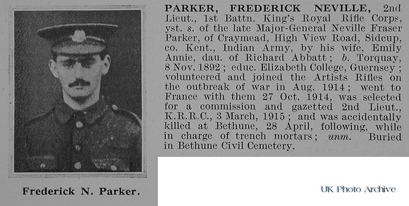 Parker F N 2nd Lt 1st Kings Royal Rifle Corps Obit De Ruvignys Roll Of Honour Vol 1