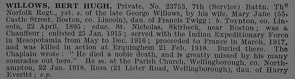 Willows B H Pte 23753 7th Norfolk Regiment Obit De Ruvignys Roll Of Honour Vol 4