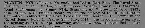 Martin J Pte 22929 2nd Royal Scots Fusiliers Obit De Ruvignys Roll Of Honour Vol 4