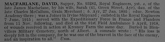 MacFarlane D Sapper 93282 Royal Engineers Obit De Ruvignys Roll Of Honour Vol 4