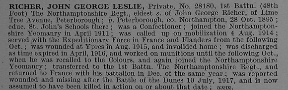 Richer J G L Pte 28180 1st Northamptonshire Regiment Obit De Ruvignys Roll Of Honour Vol 4