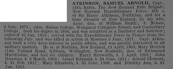 Atkinson S A Captain New Zealand Rifle Brigade Obit De Ruvignys Roll Of Honour Vol 4
