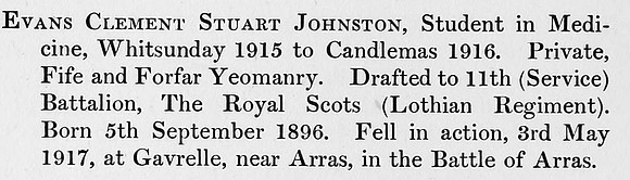 Johnston E C S Pte 11th Royal Scots Obit St Andrews University Roll Of Honour