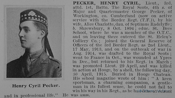 Pecker H C Lt 1st Royal Scots Obit De Ruvignys Roll Of Honour Vol 1