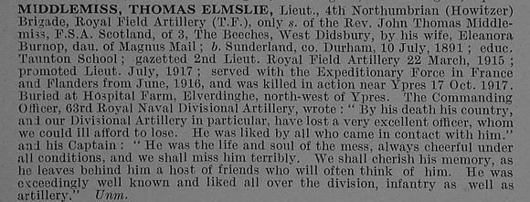 Middlemiss T E Lt Royal Field Artillery Obit De Ruvignys Roll Of Honour Vol 4