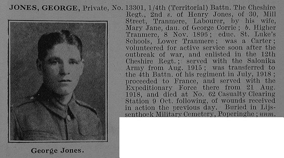 Jones G Pte 13301 4th Cheshire Regiment Obit De Ruvignys Roll Of Honour Vol 5