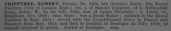 Tripptree R Pte 3464 9th Royal Fusiliers Obit De Ruvignys Roll Of Honour Vol 4