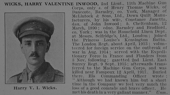Wicks H V I 2nd Lt Machine Gun Corps Obit De Ruvignys Roll Of Honour Vol 3