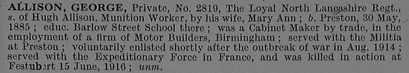 Allison G Pte 2819 Loyal North Lancs Regiment Obituary De Ruvignys Roll Of Honour Vol 4