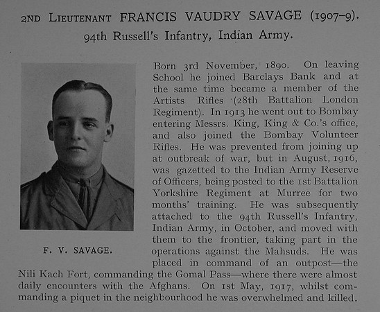 Savage F V 2nd Lt Indian Army Obit Dulwich College Roll Of Honour