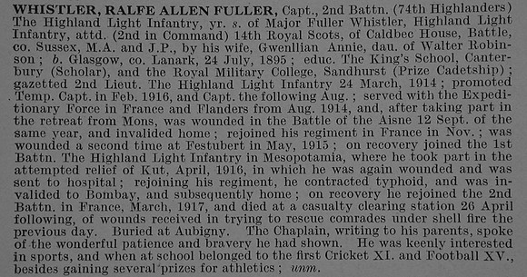 Whistler R A F Captain 2nd Highland Light Infantry Obit De Ruvignys Roll Of Honour Vol 4