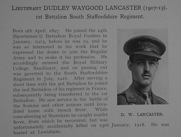 Lancaster D W Lt 1st South Staffordshire Regiment Obit Dulwich College Roll Of Honour Vol 4