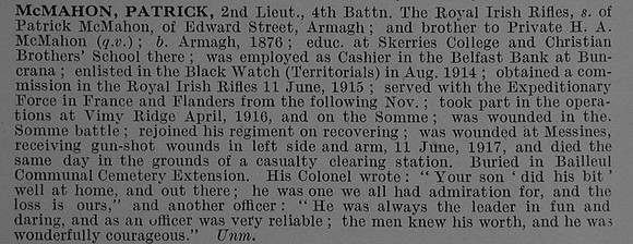 McMahon P 2nd Lt 4th Royal Irish Rifles Obit De Ruvignys Roll Of Honour Vol 4