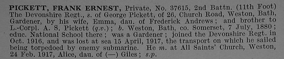 Pickett F E Pte 37615 2nd Devonshire Regiment Obit De Ruvignys Roll Of Honour Vol 4