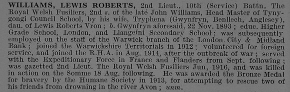 Williams L R 2nd Lt 10th Royal Welsh Fusiliers Obit De Ruvignys Roll Of Honour Vol 3