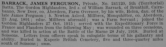 Barrack J F Pte 5th Gordon Highlanders Obit De Ruvignys Roll Of Honour Vol 4