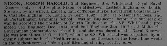 Nixon J H 2nd Engineer SS Whitehead Royal Naval Reserve Obit De Ruvignys Roll Of Honour Vol 4
