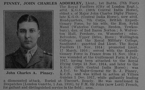 Pinney J C A Lt 1st Royal Fusiliers Obit De Ruvignys Roll Of Honour Vol 4