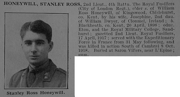Honeywill S R 2nd Lt 4th London Regiment (Royal Fusiliers) Obit De Ruvignys Roll Of Honour Vol 5