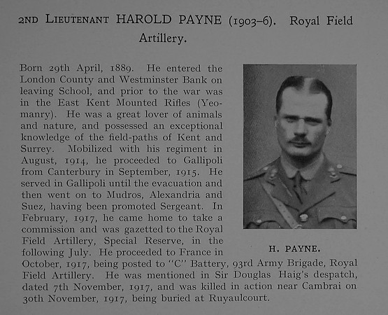 Payne H 2nd Lt Royal Field Artillery Obit Dulwich College Roll Of Honour