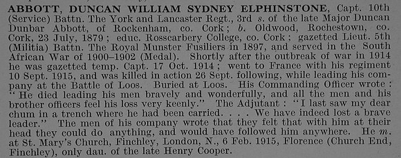 Abbott D W S E Captain 10th York And  Lancs Regiment Obit De Ruvignys Roll Of Honour Vol 2