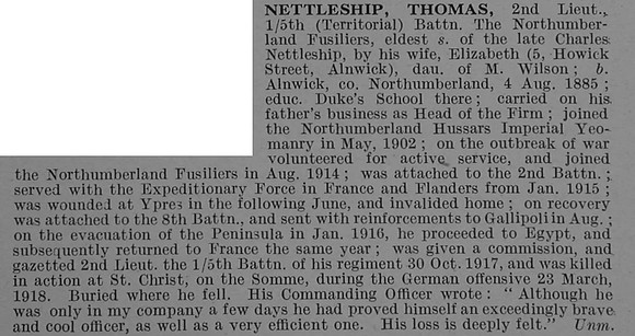 Nettleship T 2nd Lt 5th Northumberland Fusiliers Obit De Ruvignys Roll Of Honour Vol 4