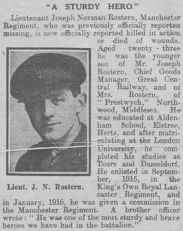 Rostern J N Lt 7th Manchester Regiment The Graphic 26th Nov 1918