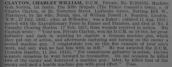 Clayton C W Pte DCM B.203535 1st Rifle Brigade Obit De Ruvignys Roll Of Honour Vol 4