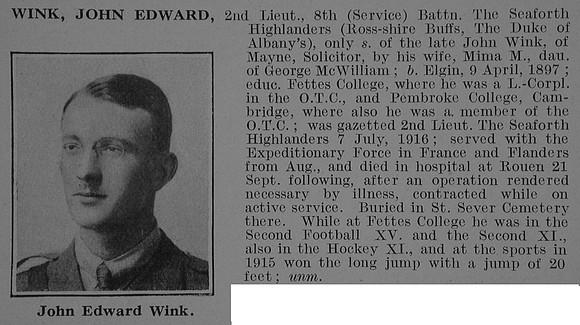 Wink J E 2nd Lt 8th Seaforth Highlanders Obit De Ruvignys Roll Of Honour Vol 3