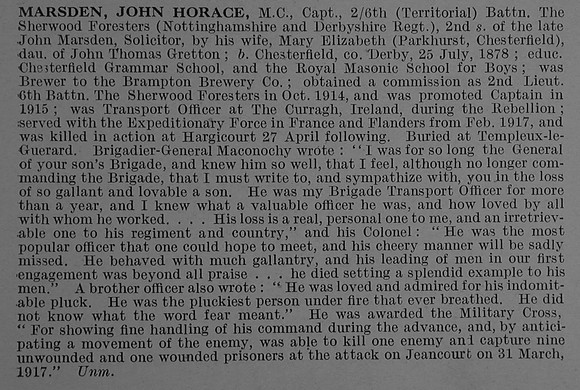 Marsden J H Captain MC 6th Sherwood Foresters (Notts and Derby Regiment) Obit De Ruvignys Roll Of Honour Vol 4