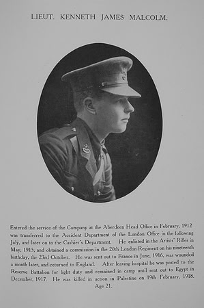 Malcolm K J Lt 0th London Regiment Northern Assurance Co War Record