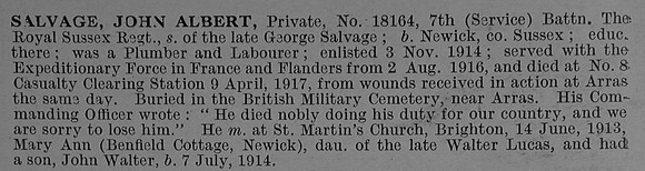 Salvage J A Pte 18164 7th Royal Sussex Regiment Obit De Ruvignys Roll Of Honour Vol 4